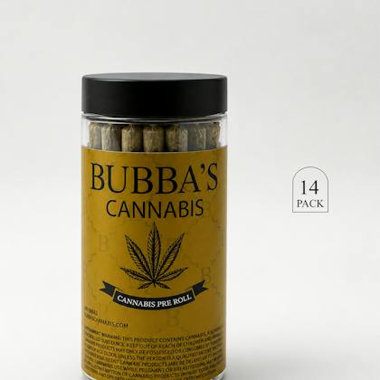 Bubbas Cannabis joints packaging from the Sour Tangie | Joints | 1g each | 14pk listing
